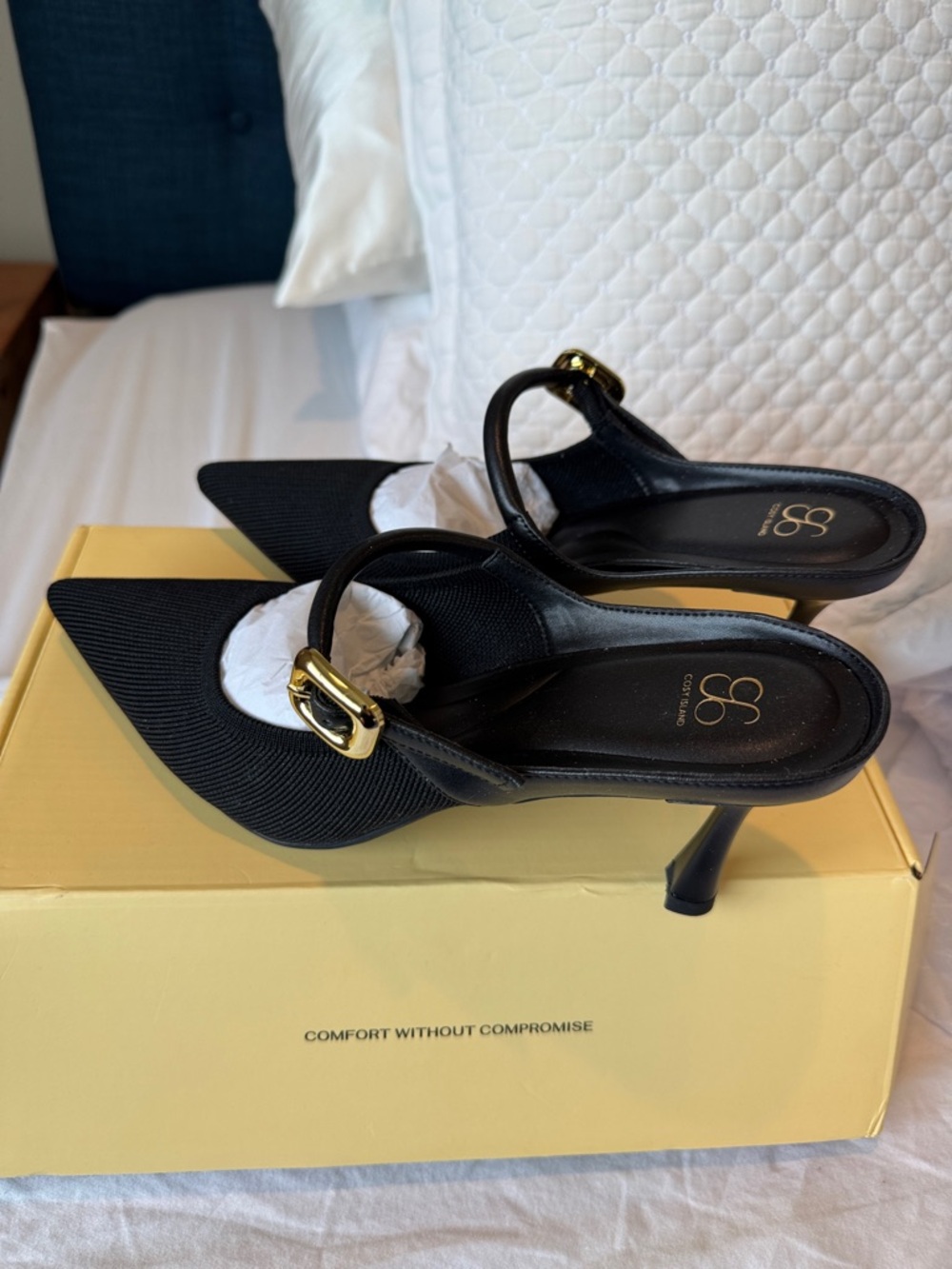 Cozy Island Black Pointed Slingback Heels with Gold Buckle Detail